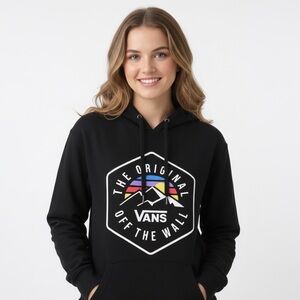 VANS Hoodie SZ M Black Colourful Logo Hooded Sweatshirt Kangaroo Pocket